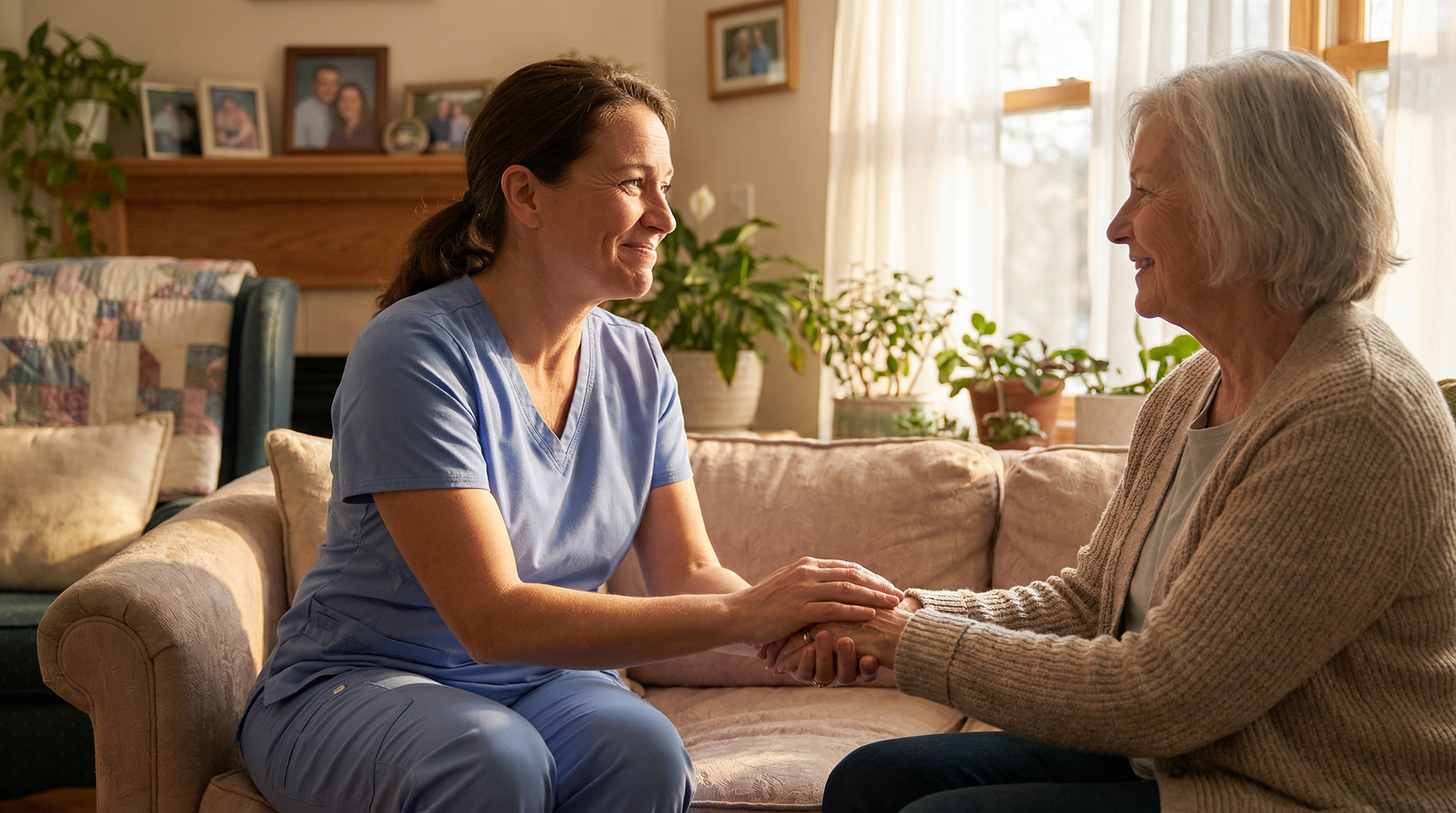 Compassionate caregiver with elderly client